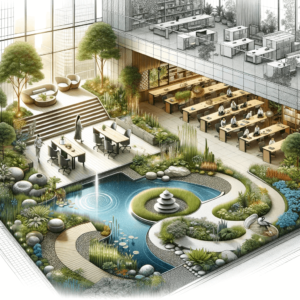 Illustration of a holistic workplace environment termed 'Harmony in All Parts' displaying a biophilic design. The illustration shows a balanced integr by . 