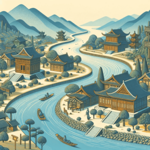 Illustration of a river meandering through a landscape of traditional and modern Asian architecture, representing the adaptability of design strategie by . 