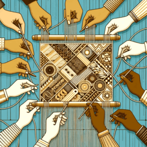 Illustration of a tapestry being woven by hands of diverse ethnicities, with threads forming an intricate pattern of workplace design elements, symbol by . 