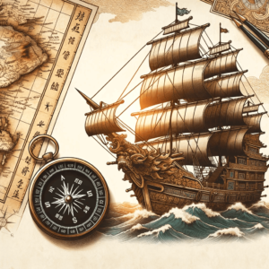 Illustration of a traditional Asian sailing ship with a detailed map and compass in the foreground, representing the theme of navigating towards a cle by . 