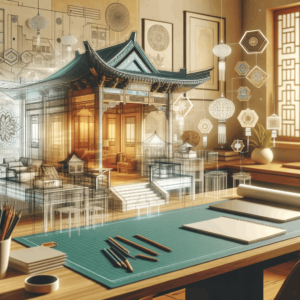 Illustration of an architect's desk with transparent 3D holograms of buildings and interior designs hovering above, blending modern technology with As by . 