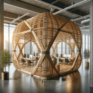 Photo of a bamboo structure within a modern office setting, symbolizing resilience and adaptability, with flexible spaces that can be reconfigured acc by . 