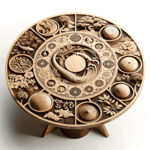 Photo of a round traditional Asian conference table with various elements of nature incorporated into the design, symbolizing unity and consensus in d by . 
