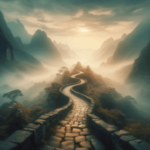Photo of an ancient Asian pathway winding through a misty mountain landscape, symbolizing the journey towards a clear destination set amidst the natur by . 