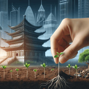 llustration of a hand planting seeds in fertile soil with sprouts beginning to emerge, set against a backdrop of a modern Asian cityscape, symbolizin by . 