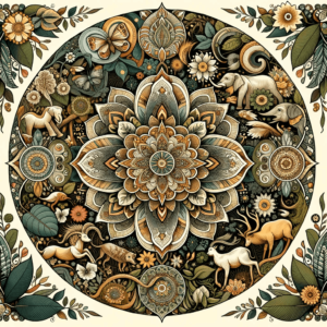 llustration of an intricate mandala with elements from nature such as leaves, flowers, and animals, symbolizing the unity and balance of all parts in by . 