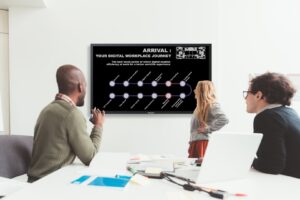 three businesspeople having conference and interacting with smart screen by © Eugenio Marongiu. 